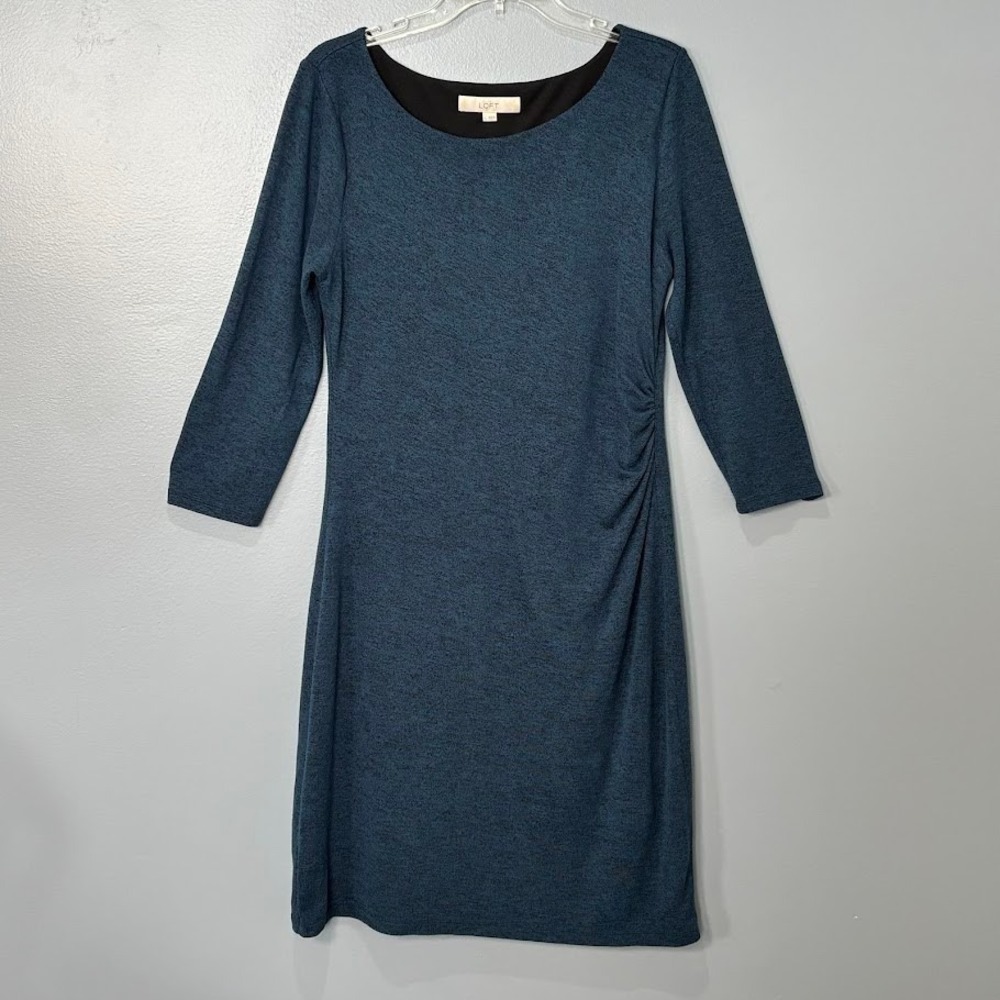 LOFT Dress Womens L Blue Marled Knit Side Ruched Sheath Classic Chic Workwear